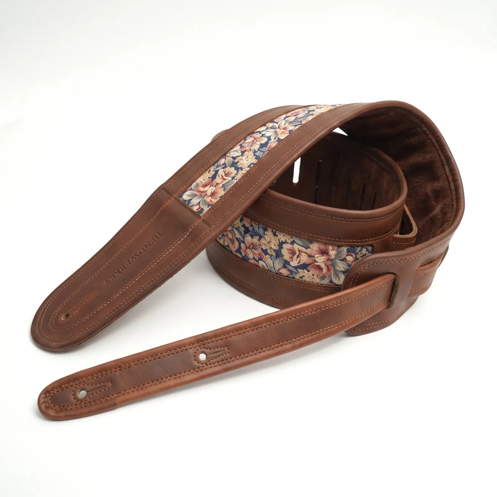 Floral Jacquard Leather Guitar Strap — Light Brown